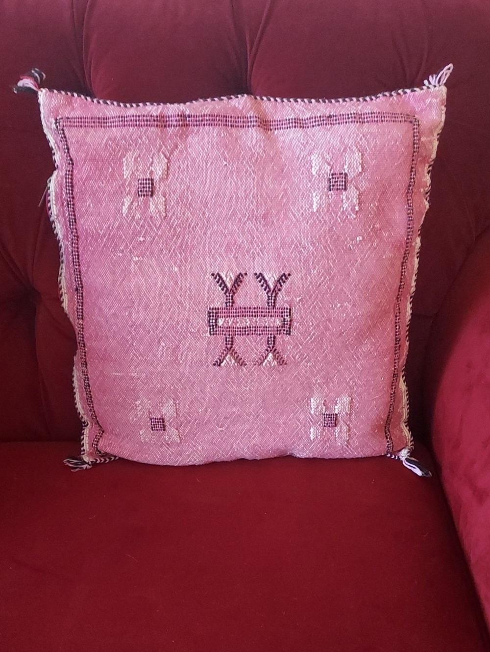 Handcrafted Pink Moroccan-Style Accent Pillow with Embroidered Motifs